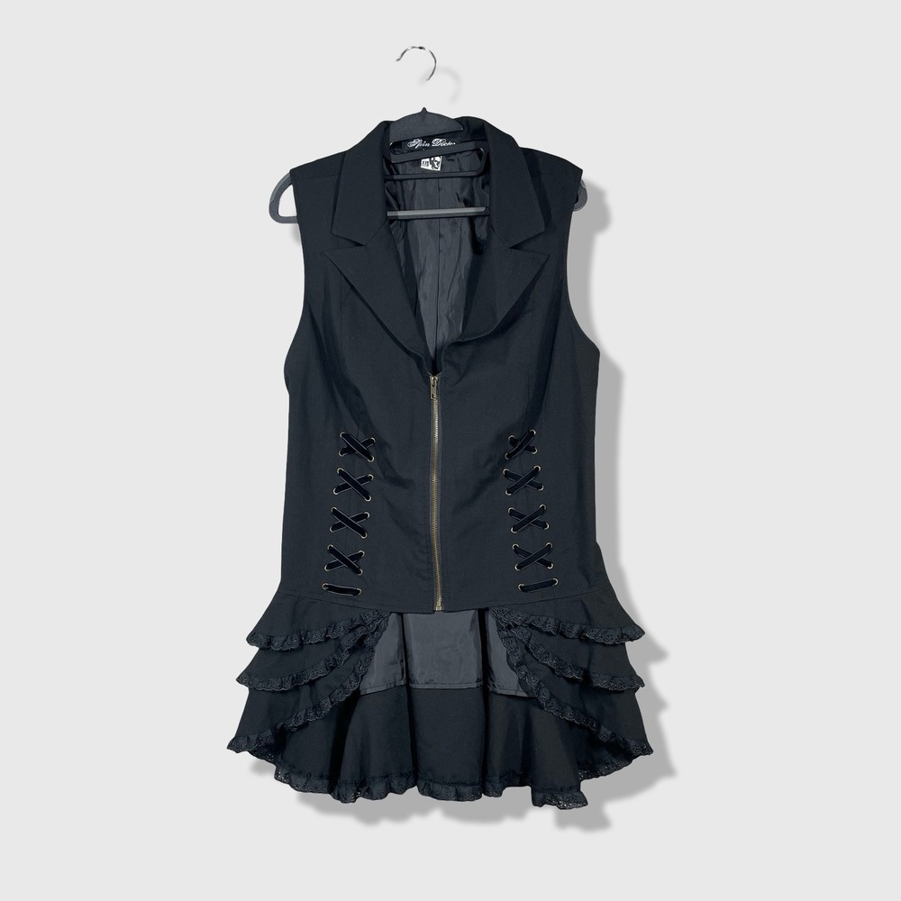 Spin Doctor Vest Womens 2XL Black Gothic Steampunk Lace Back Ruffle Hem